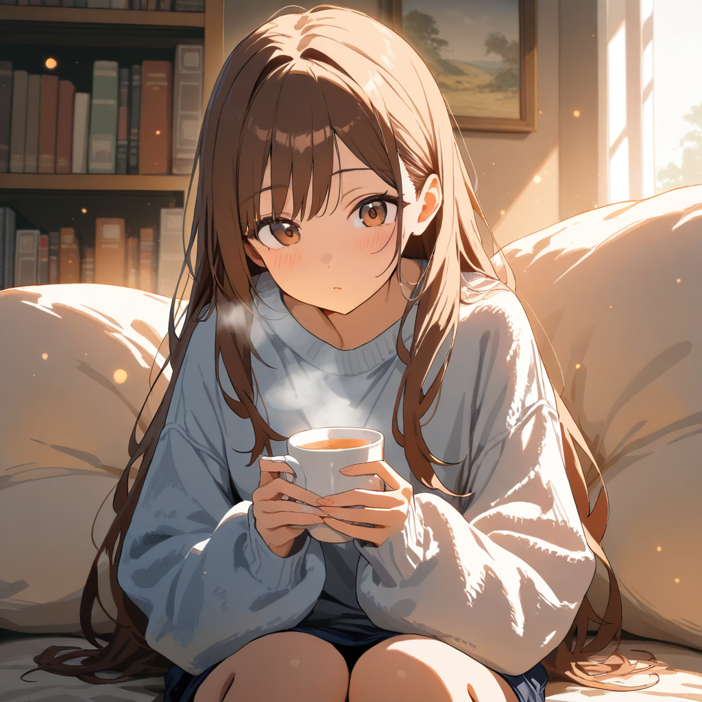 Anime girl cozy room with tea and warm lighting Anime girl relaxing in a cozy room holding a cup of tea under warm lighting