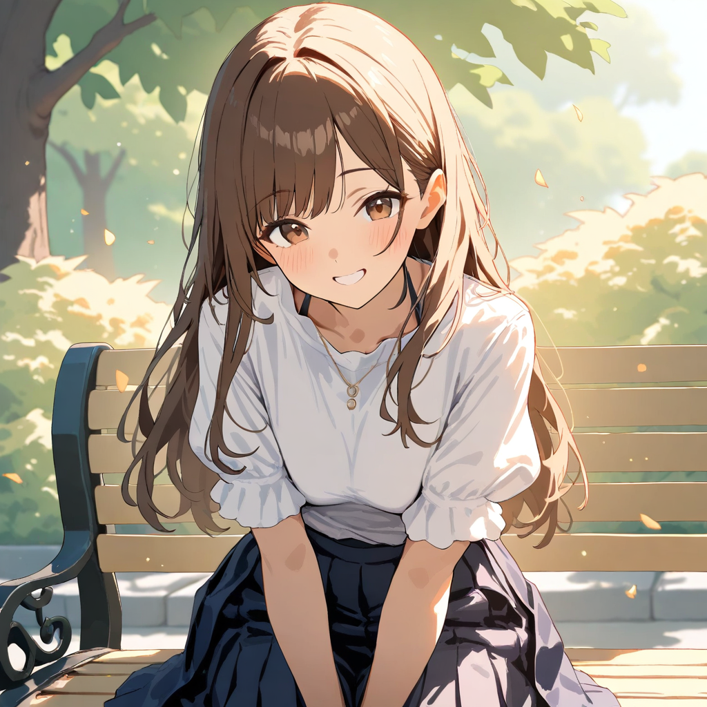 Anime girl sitting on park bench under sunlight Anime girl sitting on park bench wearing white blouse and pleated skirt in sunlight