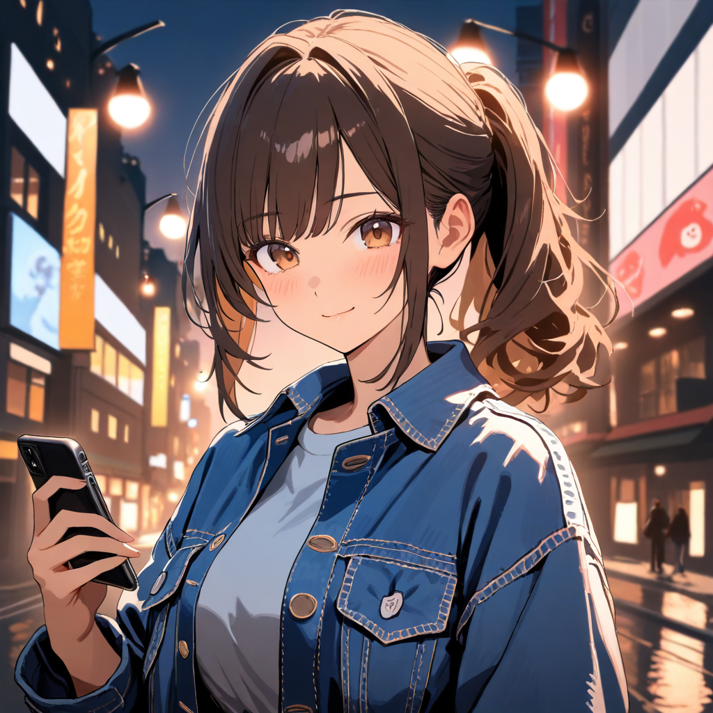 Anime girl ponytail denim jacket city street evening Anime girl with brown hair in ponytail wearing denim jacket on city street during evening light