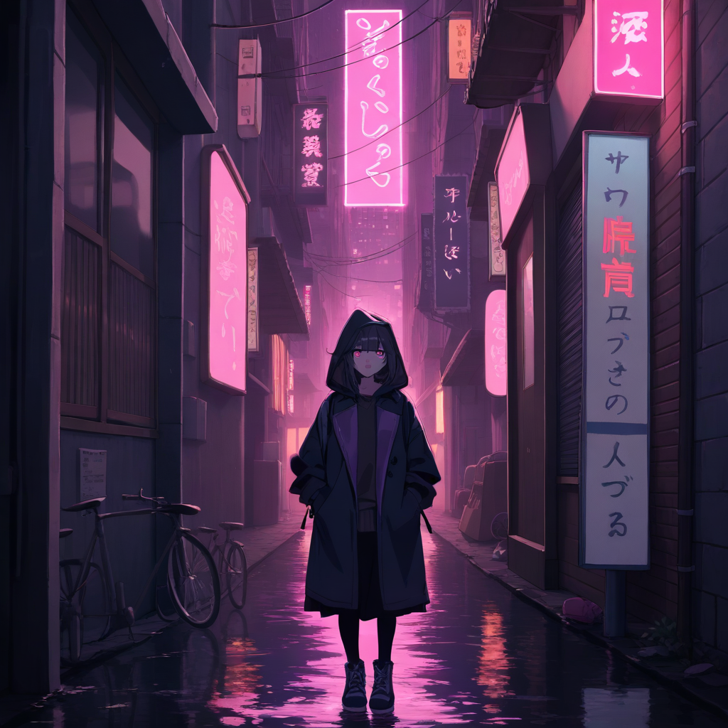 Anime-style rainy alleyway with flickering neon signs and colorful reflections in puddles