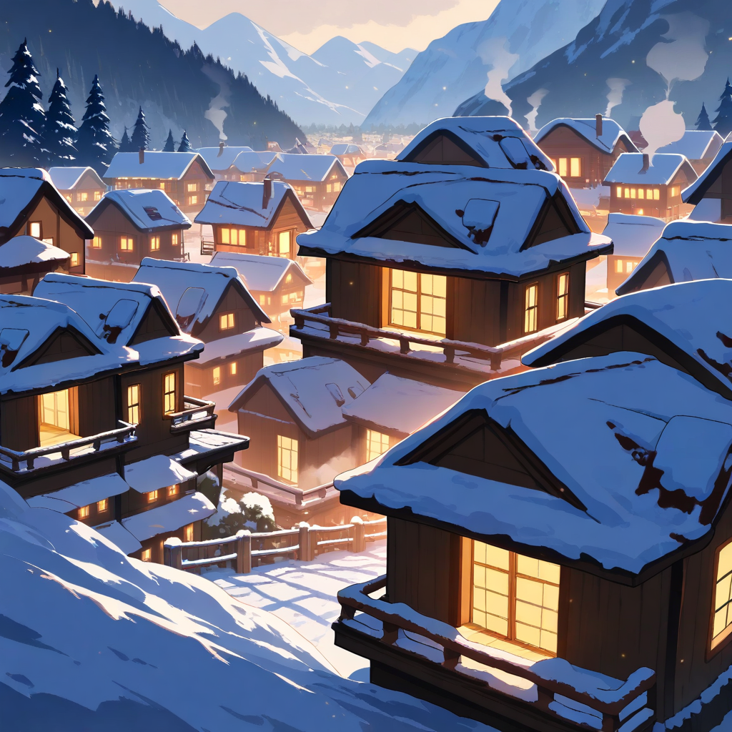 Anime-inspired snowy mountain village with warm glowing lights and chimney smoke