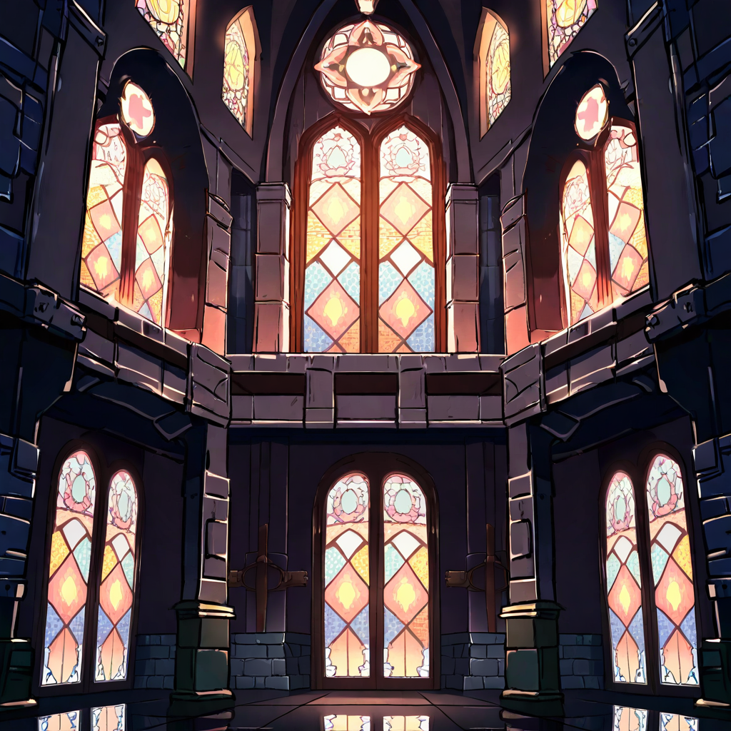 AI Art fantasy castle courtyard with ivy-covered stone walls and glowing stained glass windows