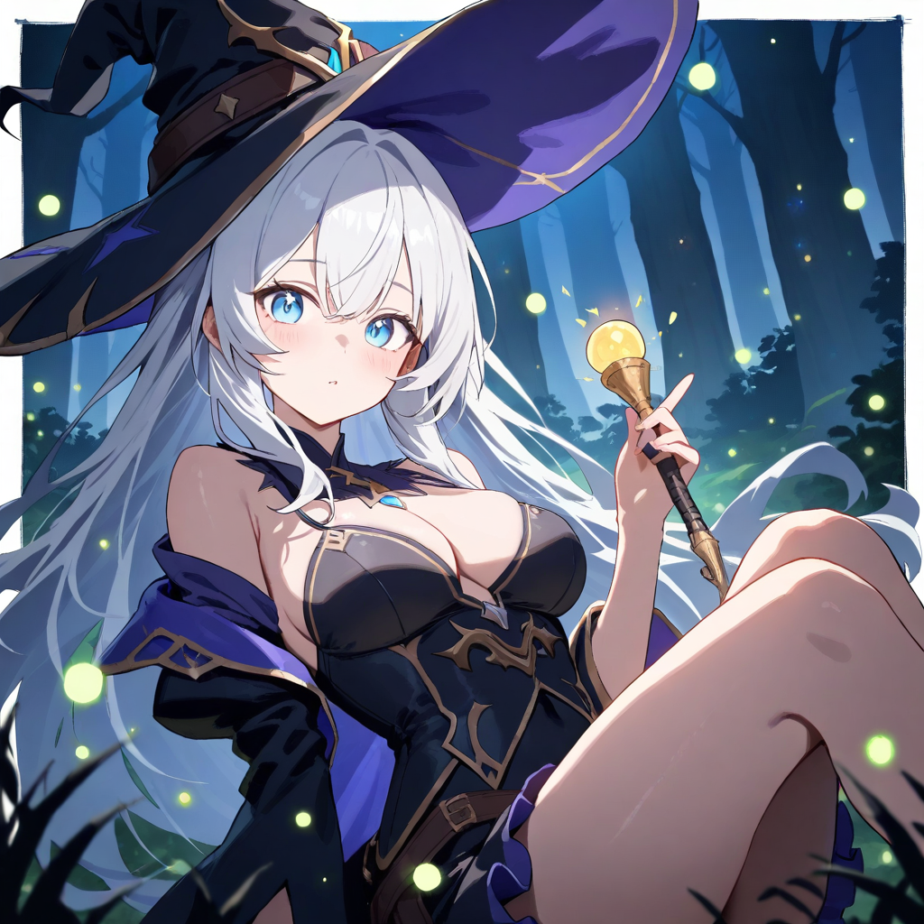 Witch girl walking in moonlit forest – anime Halloween illustration