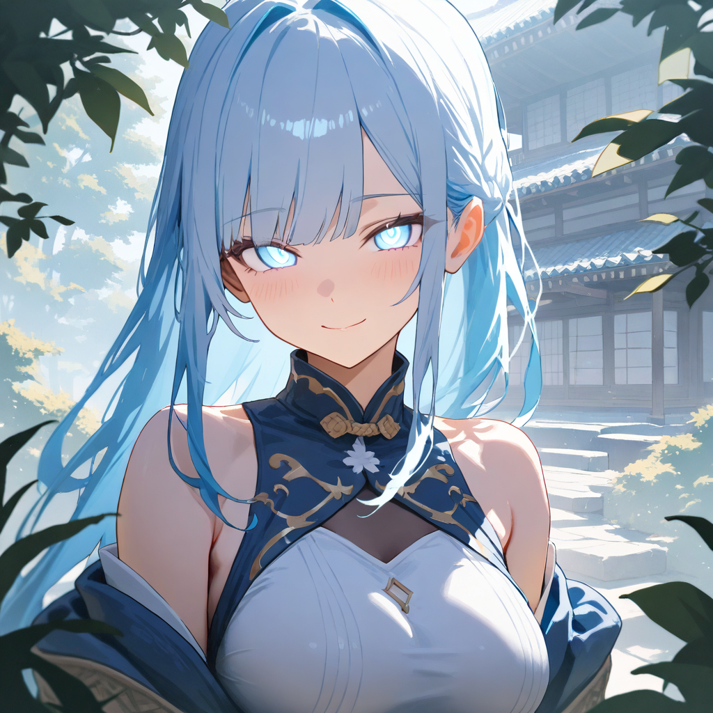 Blue-haired spirit girl in misty old garden – fantasy anime aesthetic