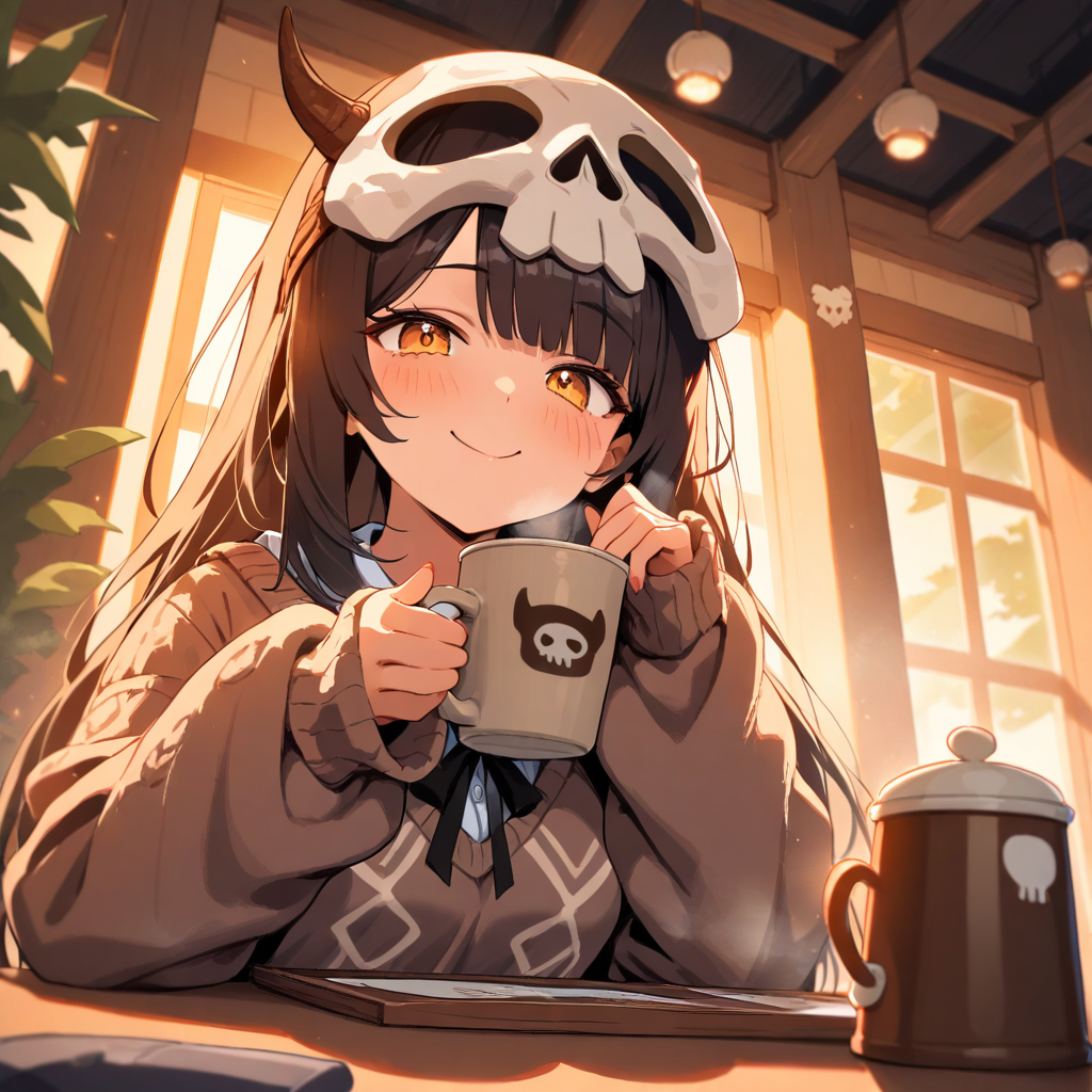 Anime girl in skull mask sitting at cozy Halloween café – AI art