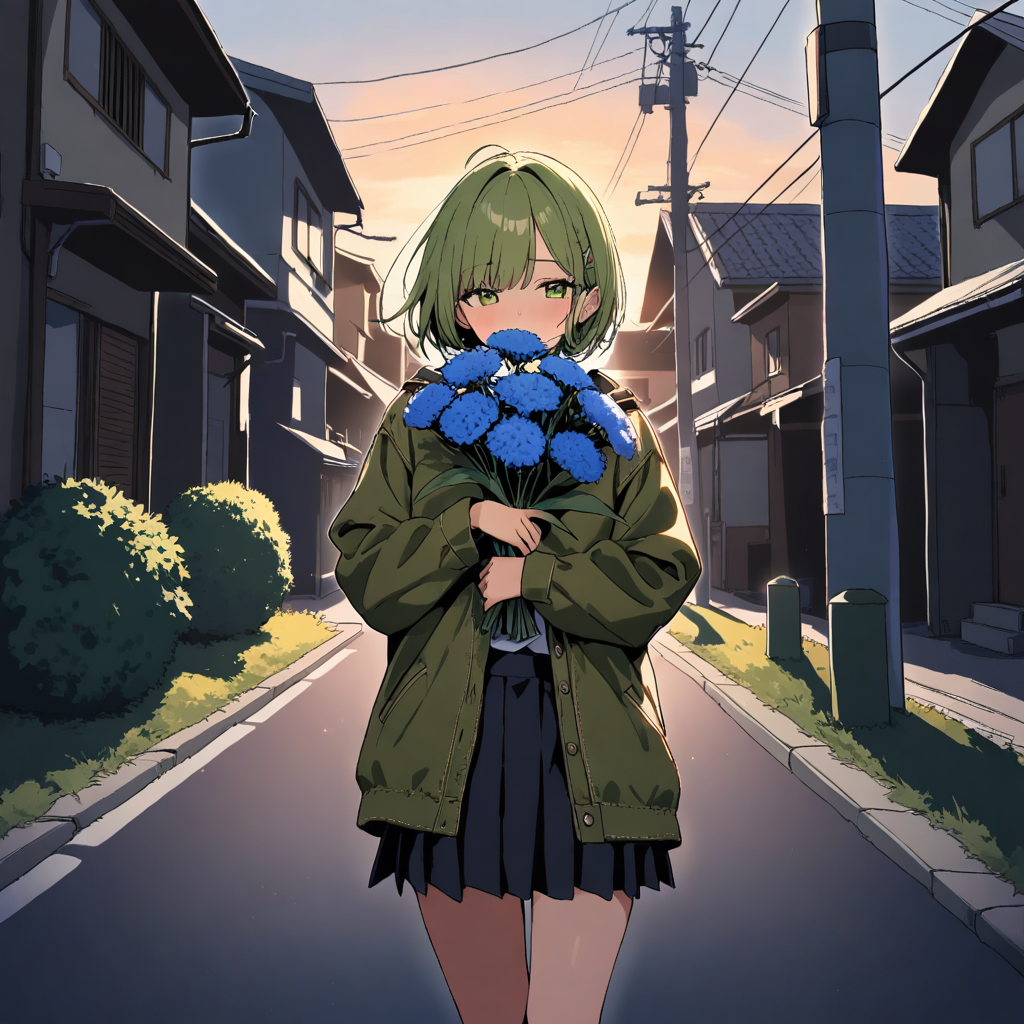 Green-haired anime girl on suburban street at sunrise – aesthetic AI artwork