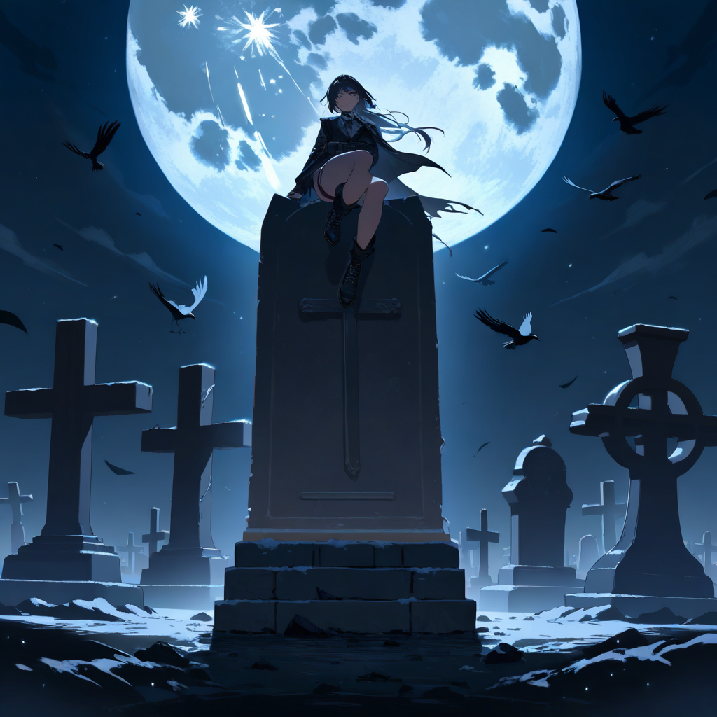 Graveyard at midnight with tombstones and full moon – spooky background
