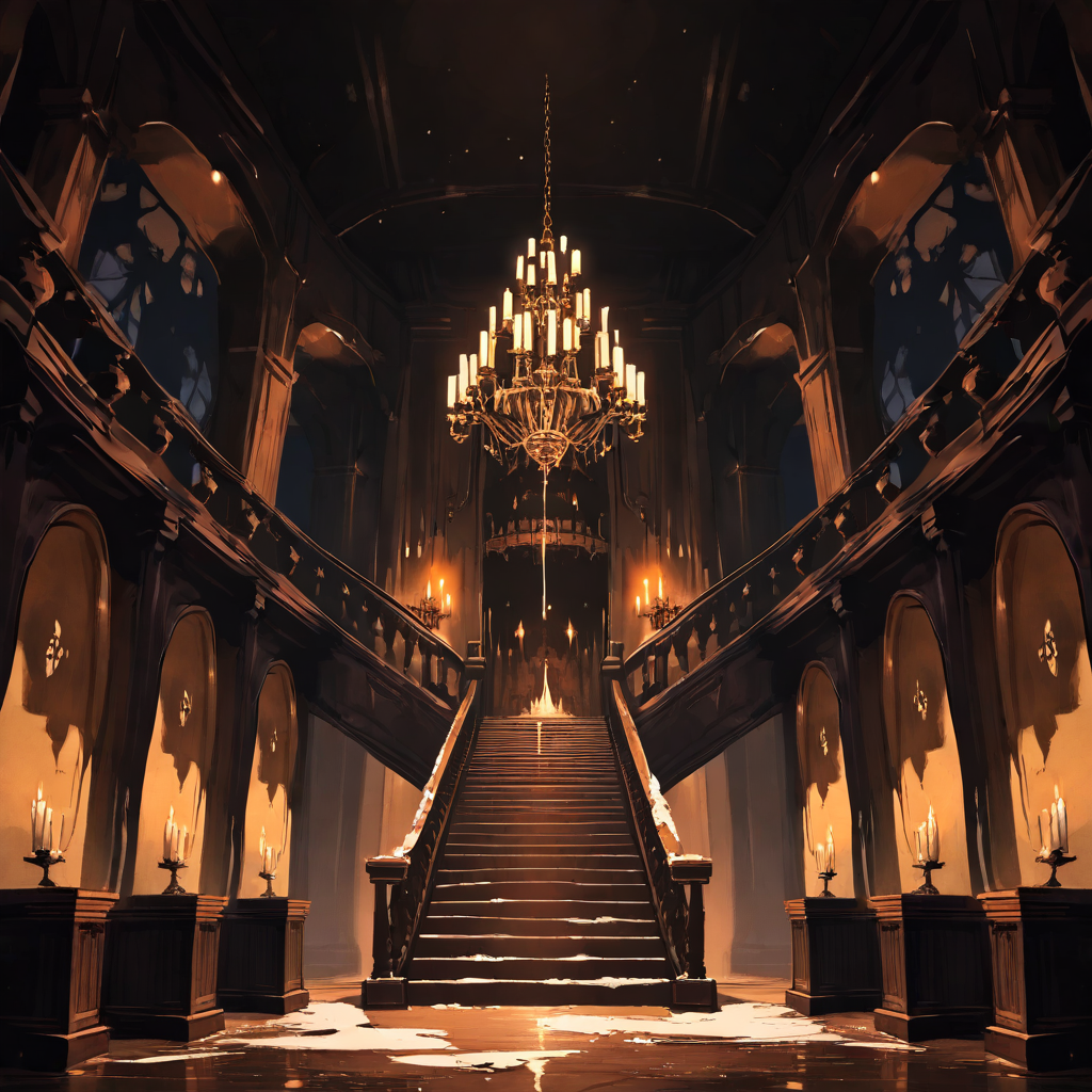 Haunted mansion interior with chandeliers – gothic anime background