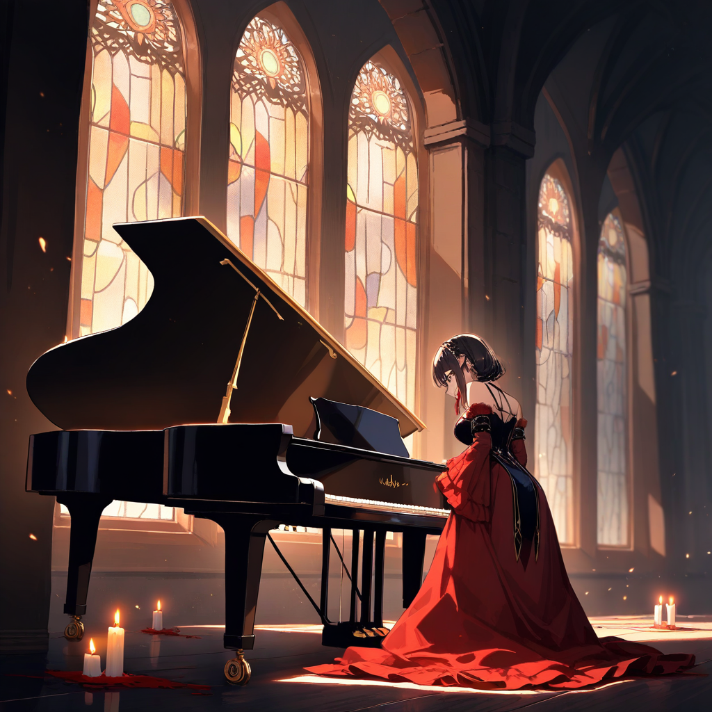 Vampire castle grand hall with stained glass – anime gothic atmosphere